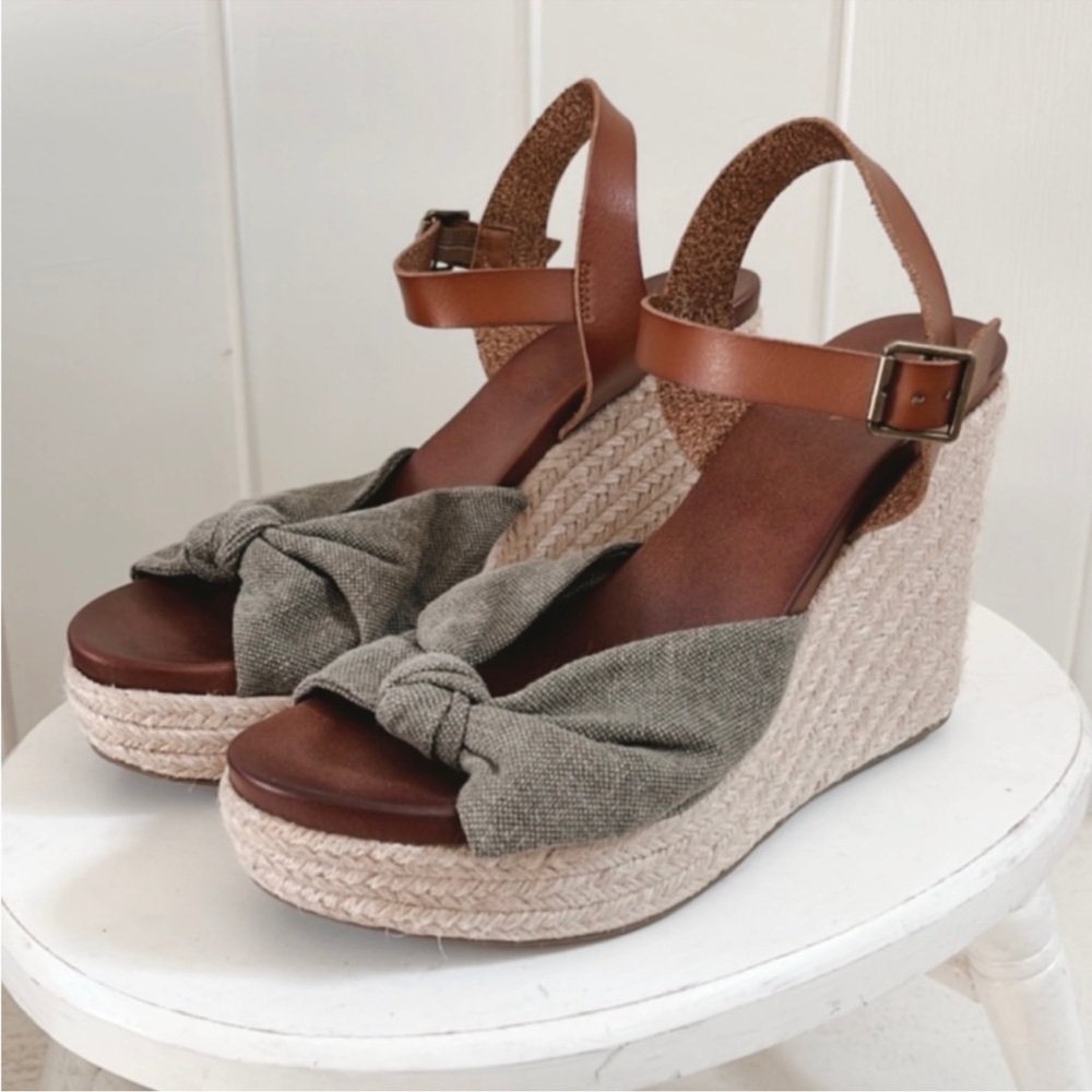 MIA Lorryann Knotted Bow Rope Espadrille Wedge Heels Green Brown Natural Woven